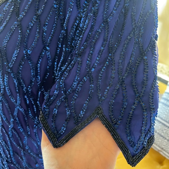 Vintage gatsby style beaded maxi gown 80s laurence kazar Blue 100% Silk dress - Picture 10 of 10